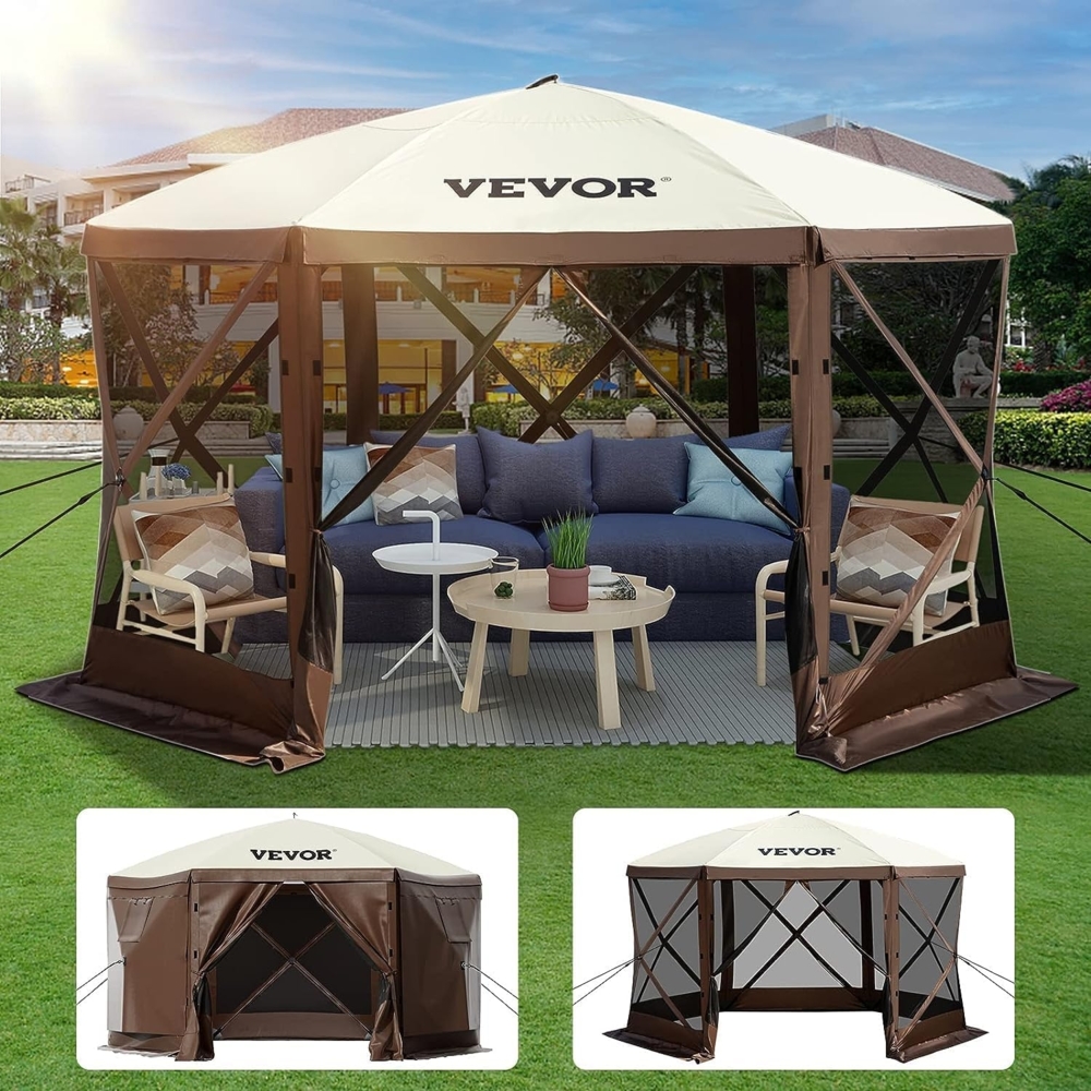 VEVOR Faltpavillon, 3,05 x 3,05 m, 6-seitiges Pop-up-Camping-Überdachungszelt mit Netzfenstern, tragbarer Tragetasche, Erdspießen, große gartenpavillon für Outdoor-Camping, Rasen und Hinterhof Bild 1