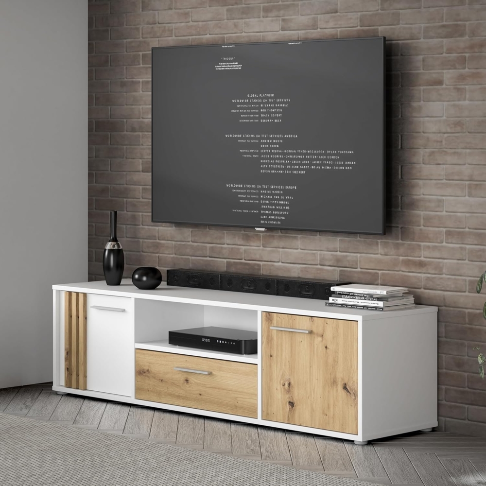 Forte Cardigan TV-Schrank 160, modernes Lowboard, 2-türig, 1 Schublade, Wohnzimmer, Holzwerkstoff, Artisan Eiche Holzdekor|Weiß, 162,6 cm breit x 43,9 cm hoch x 41,5 cm tief Bild 1