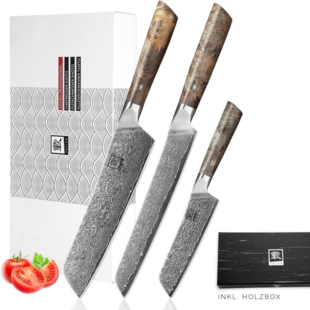 ZAYIKO Damastmesser DAITO PROFI LINE "3er Messer Set" - Ahornholz - VG-10 Stahlkern Bild 1