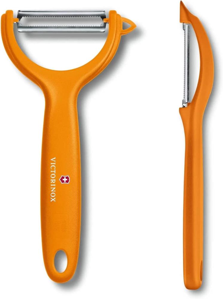 Victorinox | Universalschäler Duo Pack | extra scharfe Zackenschliffklinge | zweischneidig | ergonomischer Griff | ideal für Obst und Gemüse | Orange Bild 1