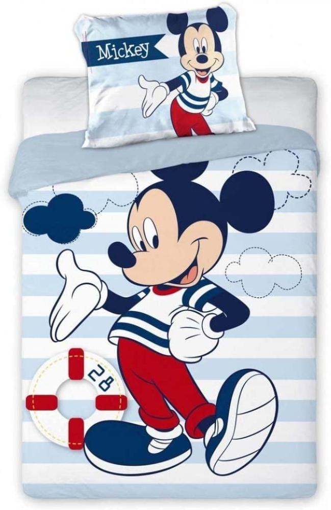 Disney Kinder Baby Bettwäsche Mickey Maus mit Streifen Blau Matrose Rettungsring Wolken Bettdecke 100 x 135 + Kopfkissen 40x60 cm 100% Baumwolle Bild 1