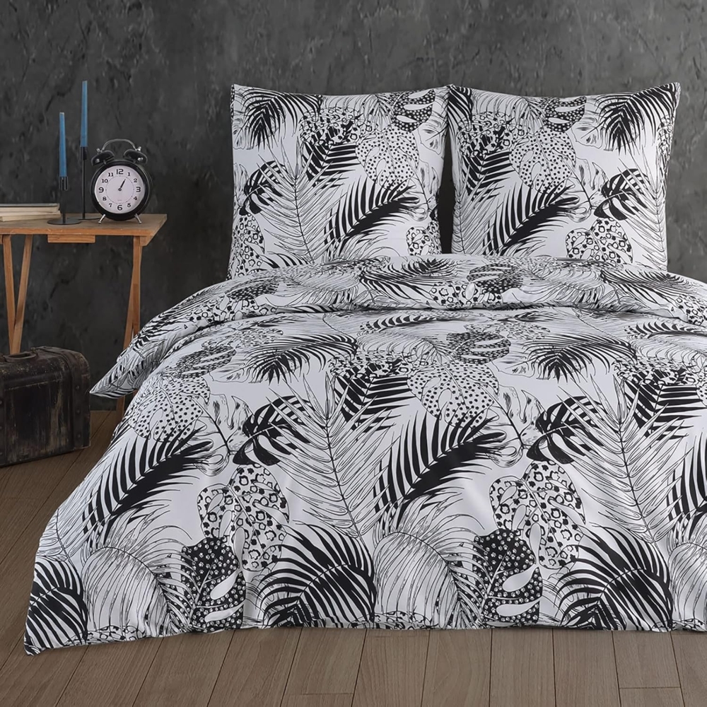 Buymax Bettwäsche Bettwäsche Bettbezug-Set Exotic, Renforce: 100% Baumwolle, 3 teilig, 200x200 cm, Reißverschluss Weiß Schwarz Palmenblätter Monstera Blätter Bild 1