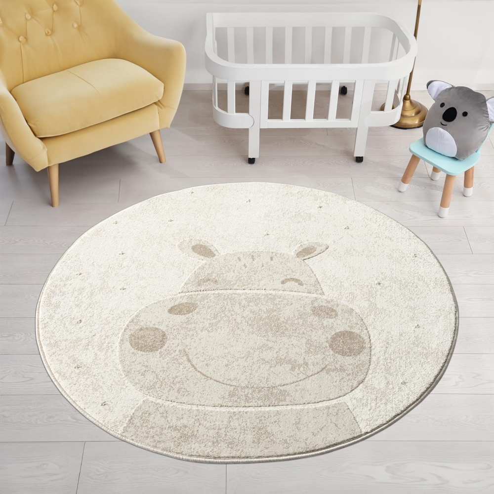 Teppich Kinderzimmer Rund - 120x120cm - Pastell Beige Creme - Kurzflor Spielteppich mit niedlichem Nilpferd Motiv Bild 1