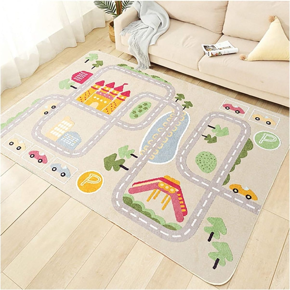 TYKTZXY Kinderteppich Spielen Teppich Straße Auto Tier Universum Blau Grün Grau(120×160cm,47×63inch) Bild 1