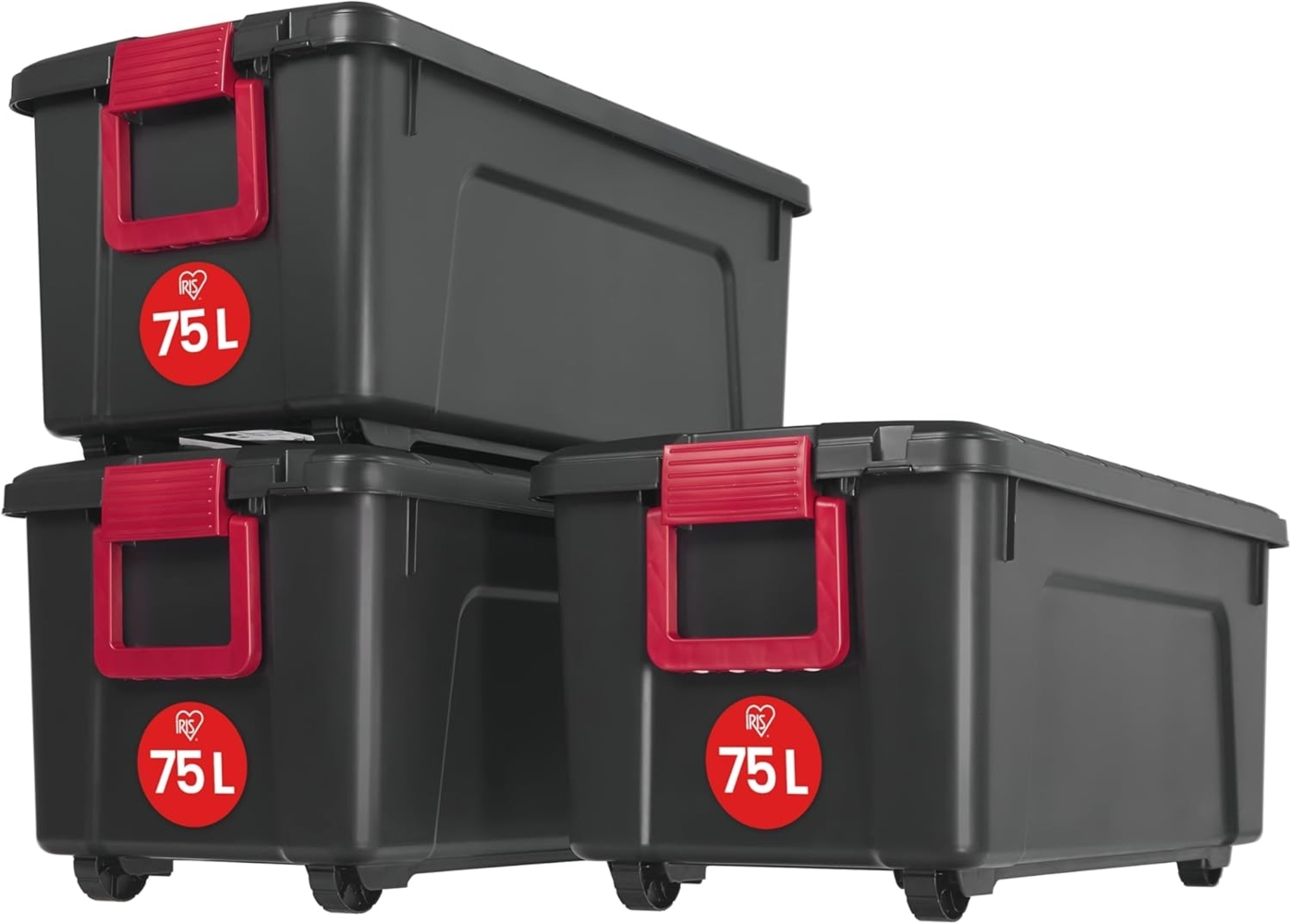 Iris Ohyama, große Kunststoff-Aufbewahrungsbox, 75 l Garagen-Aufbewahrungsbox, 3er-Set, SIA-75, schwarz, stapelbar, Verschlussklammern – B78 x T39,5 x H35 cm Bild 1