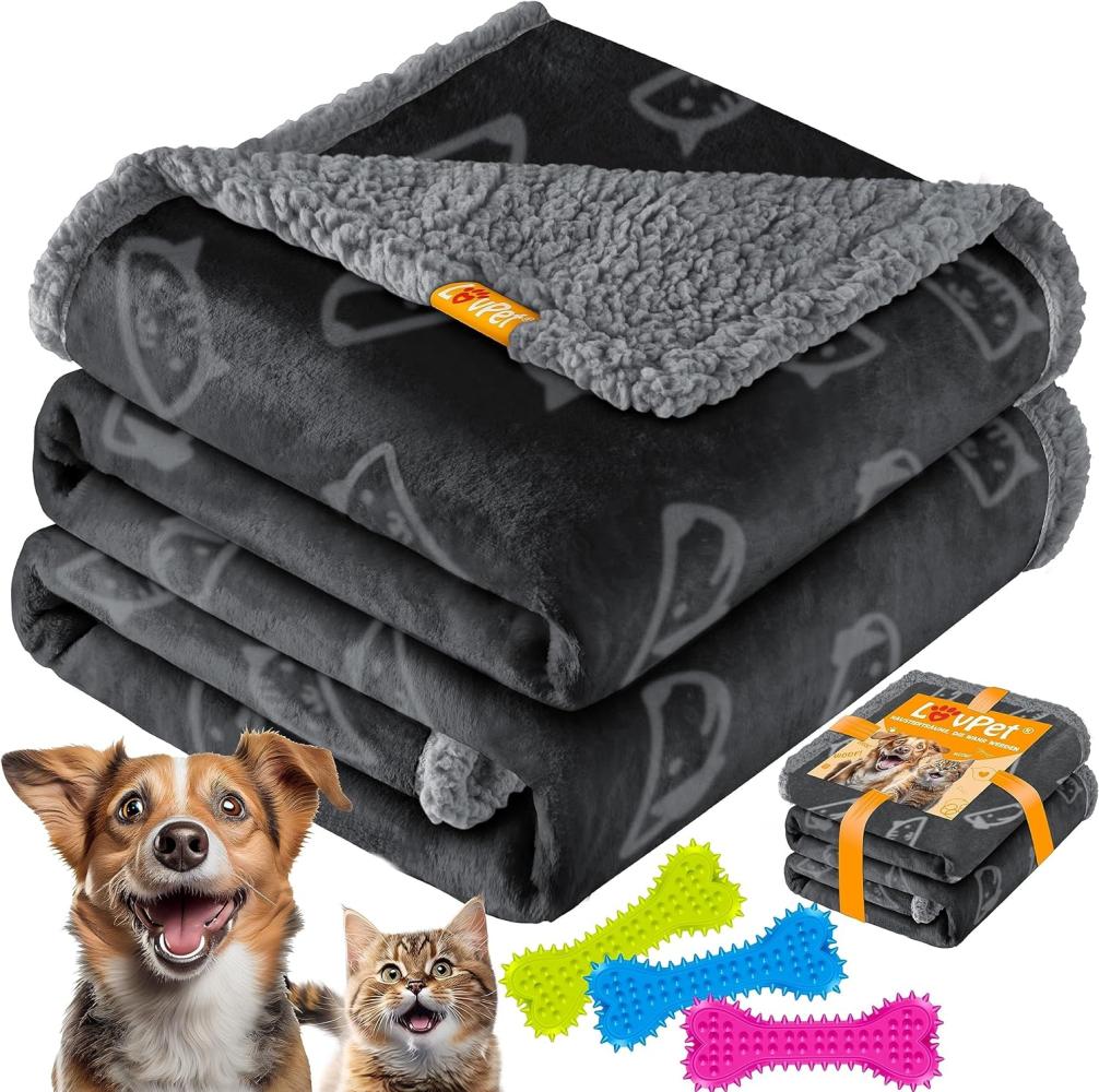 LOVPET® wasserdichte Hundedecke, Sherpa Fleece Haustier Decke + 3x Spielzeugknochen, maschinenwaschbar, beidseitiger Sofabezug-Schutz Schwarz, XXL (203 x 152 cm) Bild 1