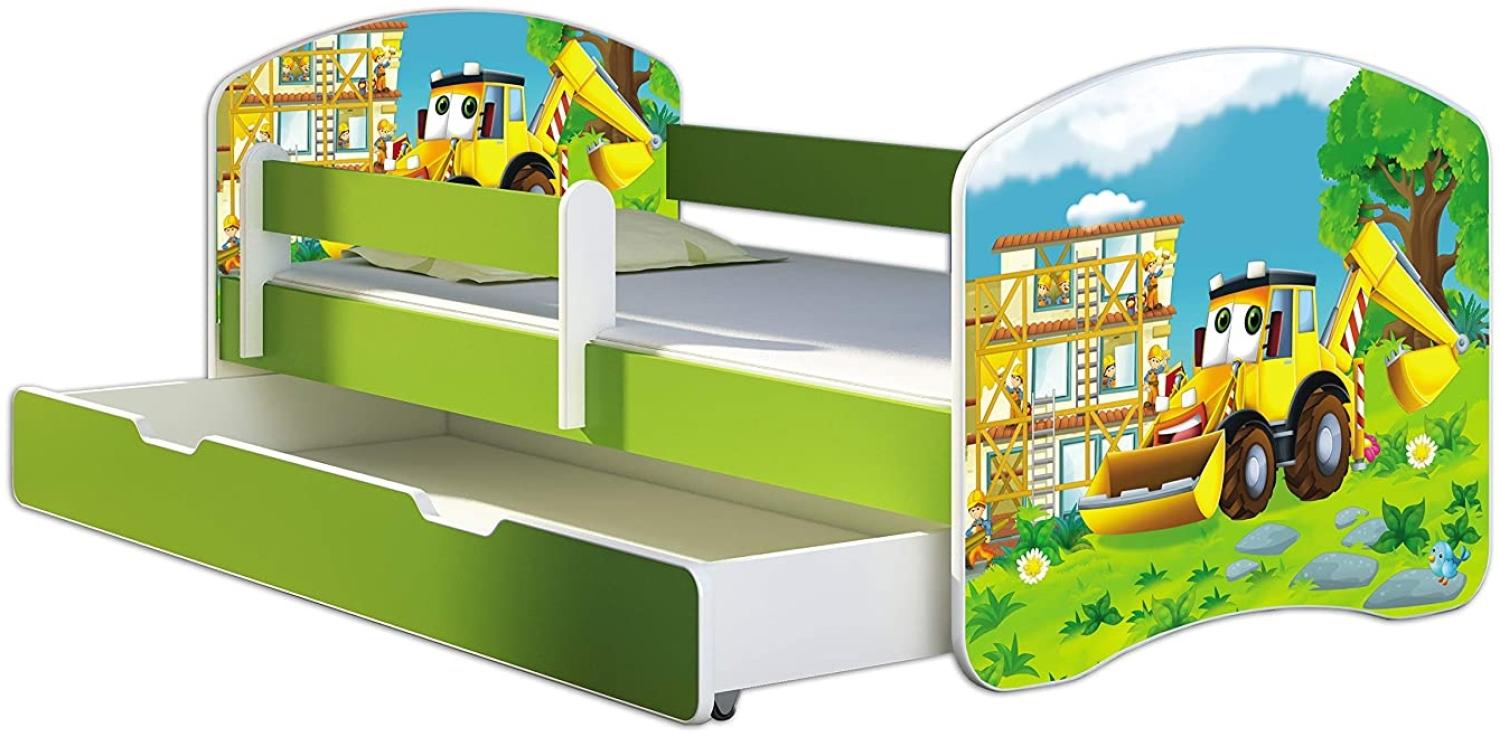 ACMA Kinderbett Jugendbett mit Einer Schublade und Matratze Grün mit Rausfallschutz Lattenrost II 140x70 160x80 180x80 (20 Bagger, 160x80 + Bettkasten) Bild 1