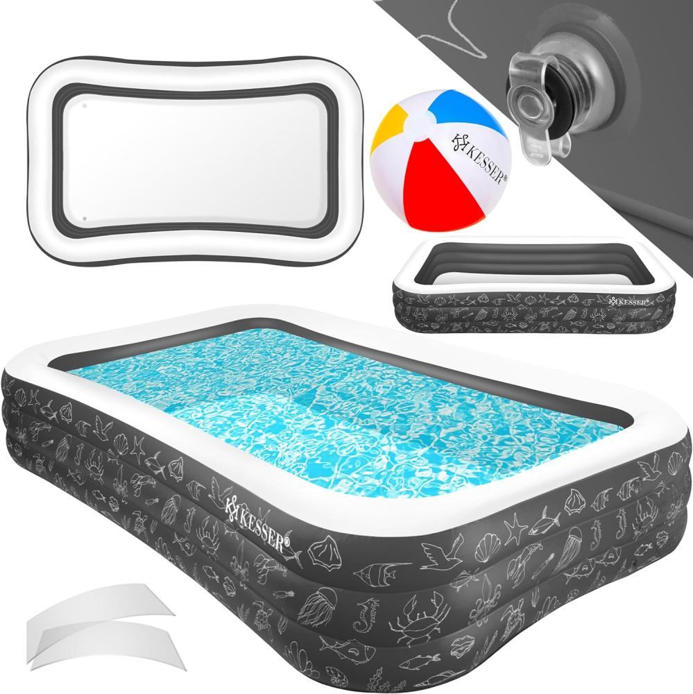 KESSER® Aufblasbarer Pool Familienpool für Kinder und Erwachsene Gartenschwimmbad Familienschwimmbad Sommer Planschbecken Füllmenge Kinderfreundlich Entwässerungslöcher Anthrazit, 3 Meter Bild 1