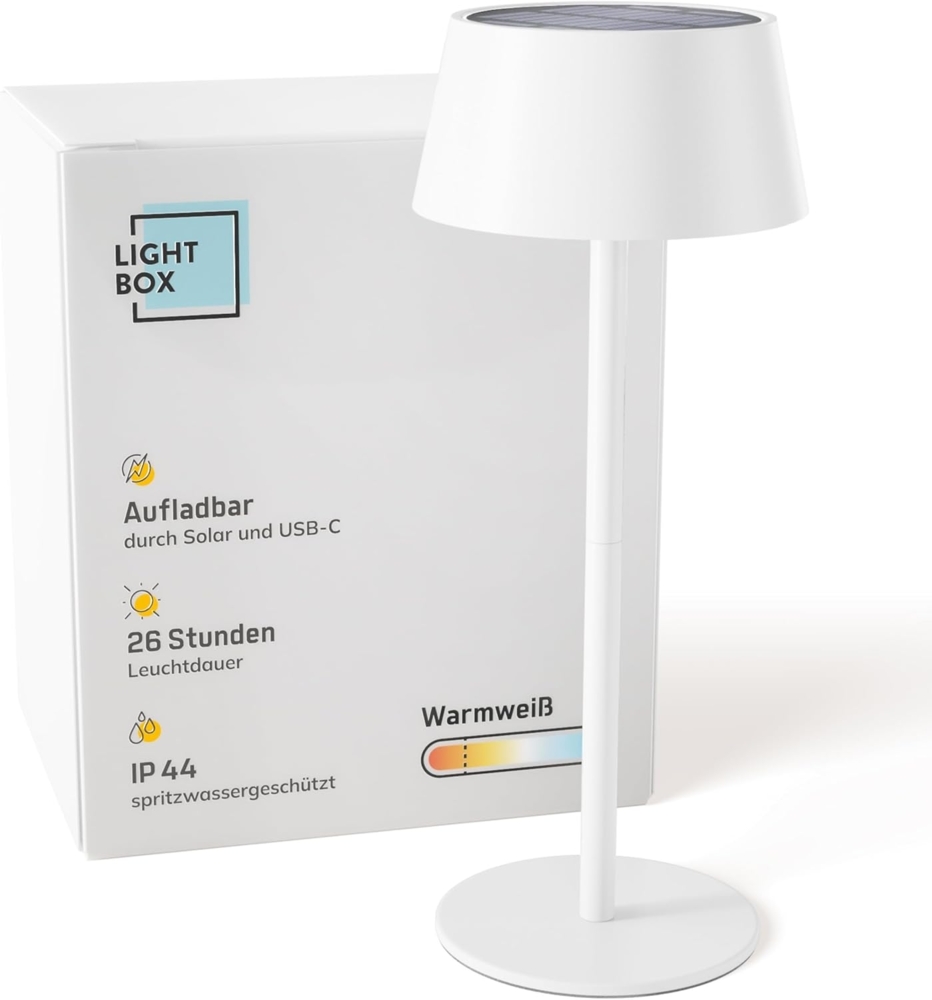 Lightbox LED Außen Tischlampe | Ø 13 cm | kabellose Outdoor Lampe mit Solar | 3 Stufen Touch Dimmer | Akku-betriebene Tischleuchte (4 W, 300 lm, 3000 K) aus Metall/Kunststoff in Weiß | Balkon Deko Bild 1