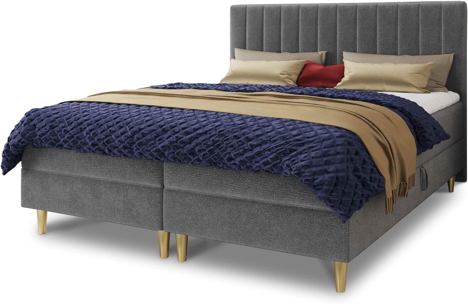 Boxspringbett Gold mit 2 Bettkästen und Topper - Doppelbett, Bonell-Matratze, Polsterbett, Bett mit Matratzentopper, Schlafzimmer, Velours Stoff (Grau (Manila 16), 140 x 200 cm) Bild 1