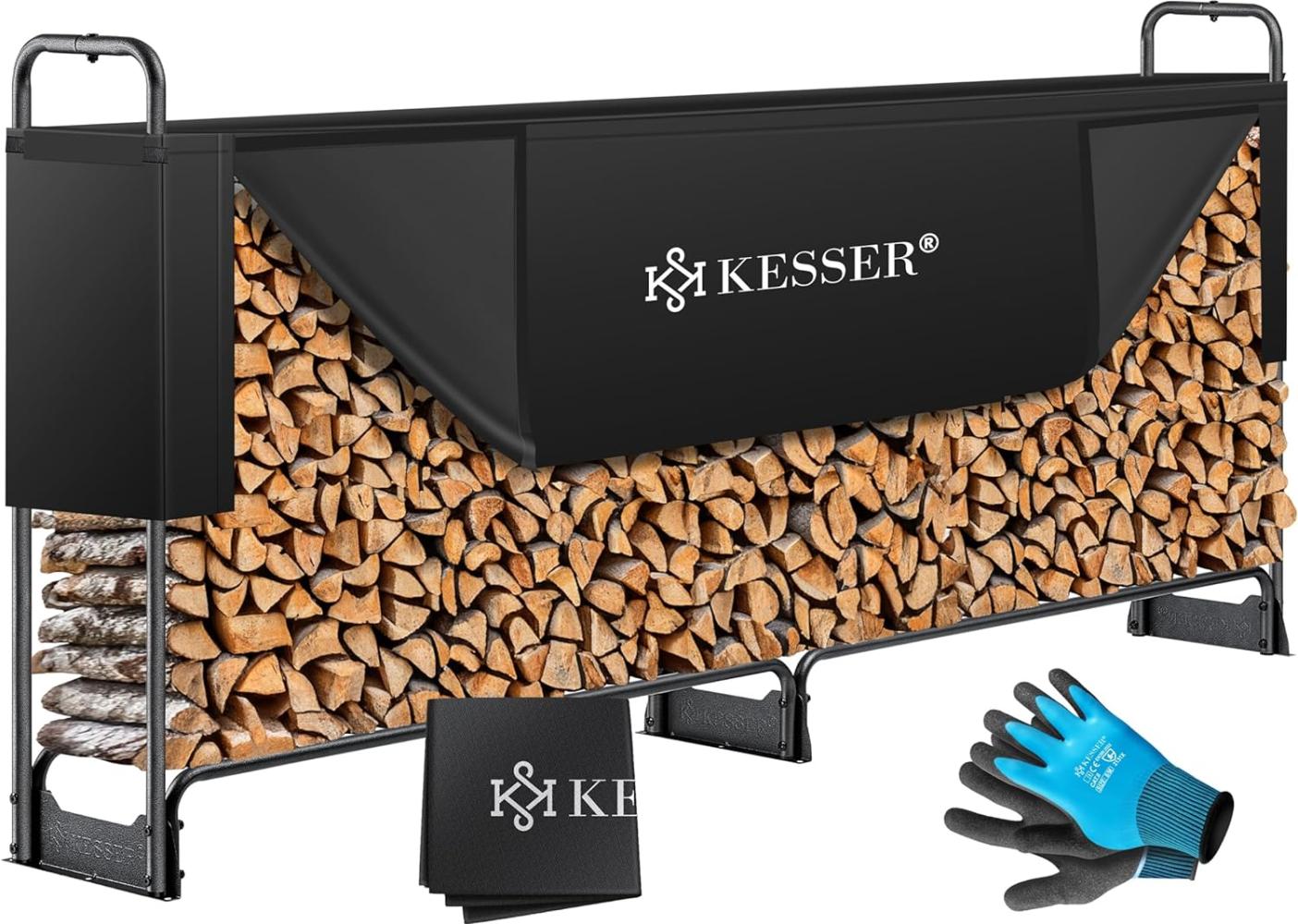 KESSER® Kaminholzregal Metall Brennholzregal außen Stahlrahmen + Abdeckung & Handschuhe Kaminholzunterstand 200kg Wasserdichter Holzlager Holzstapelhilfe für Garten Terrasse Schwarz, 260 x 36 x 117cm Bild 1