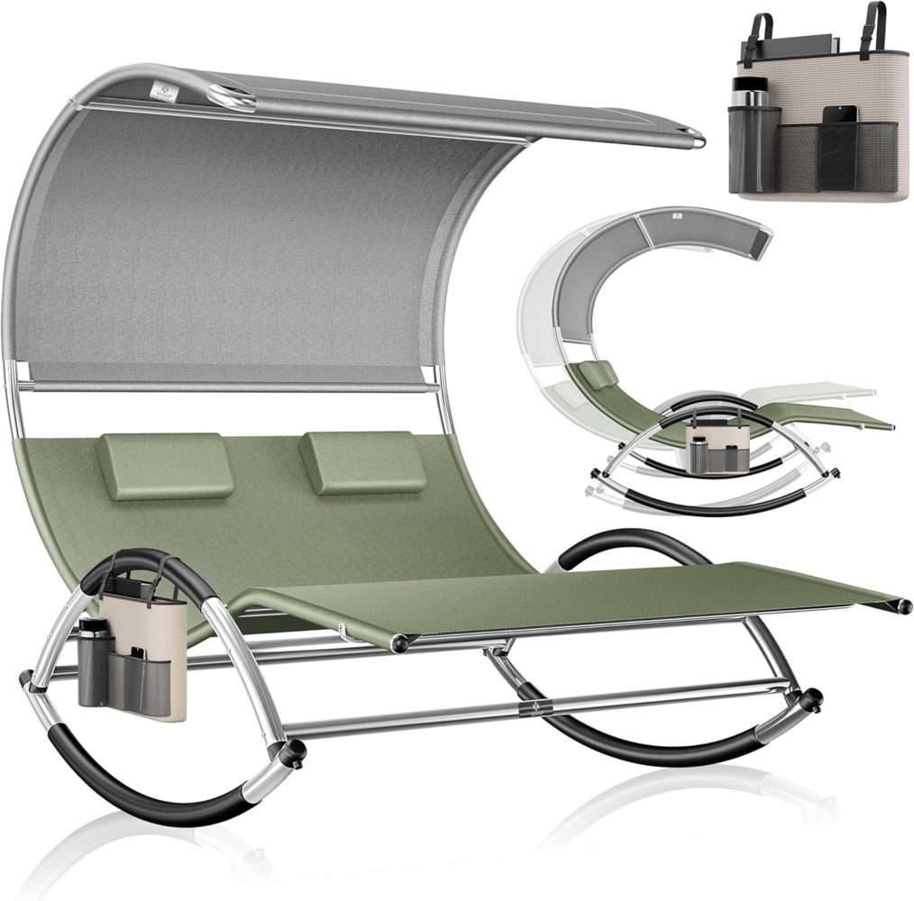 KESSER® Doppel-Sonnenliege Doppelliege | mit Sonnendach , Kopfkissen Tasche | für 2 Personen | Relaxliege | Gartenliege | Schaukelliege ergonomisch geformte Liegefläche | 240 kg Belastung | Khaki / Grau Bild 1