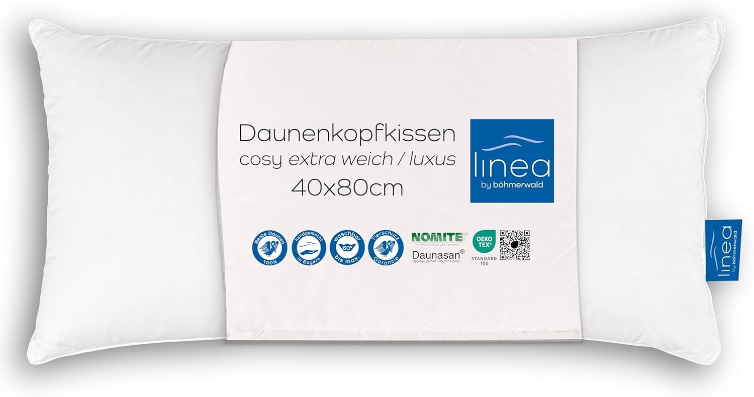 Böhmerwald Luxus Kopfkissen, 100 % Daunen, Füllgewicht: 300 g, Stützkomfort: extra weich, 40x80 cm, Weiß, 1 Stück (1er Pack) Bild 1