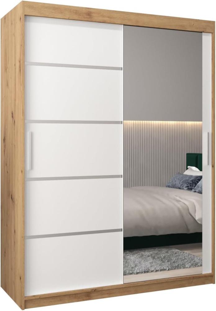 Schwebetürenschrank Verona 2-150 cm mit Spiegel Kleiderschrank mit Kleiderstange und Einlegeboden Schlafzimmer- Wohnzimmerschrank Schiebetüren Modern Design (Artisan Eiche + Weiß) Bild 1