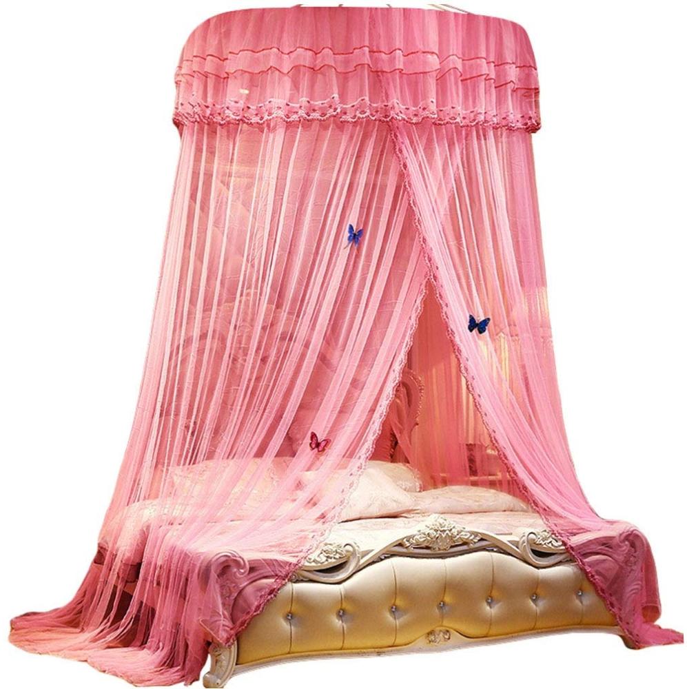 Kaiyei Moskitonetz Universal Himmelbett für Doppel, Einzel, Kinderbetten, Prinzessin Betthimmel Rund mit Klebehaken Schlafzimmer Schmetterling Dekoration Romantisch Palast Pink 150cm×200cm Bild 1