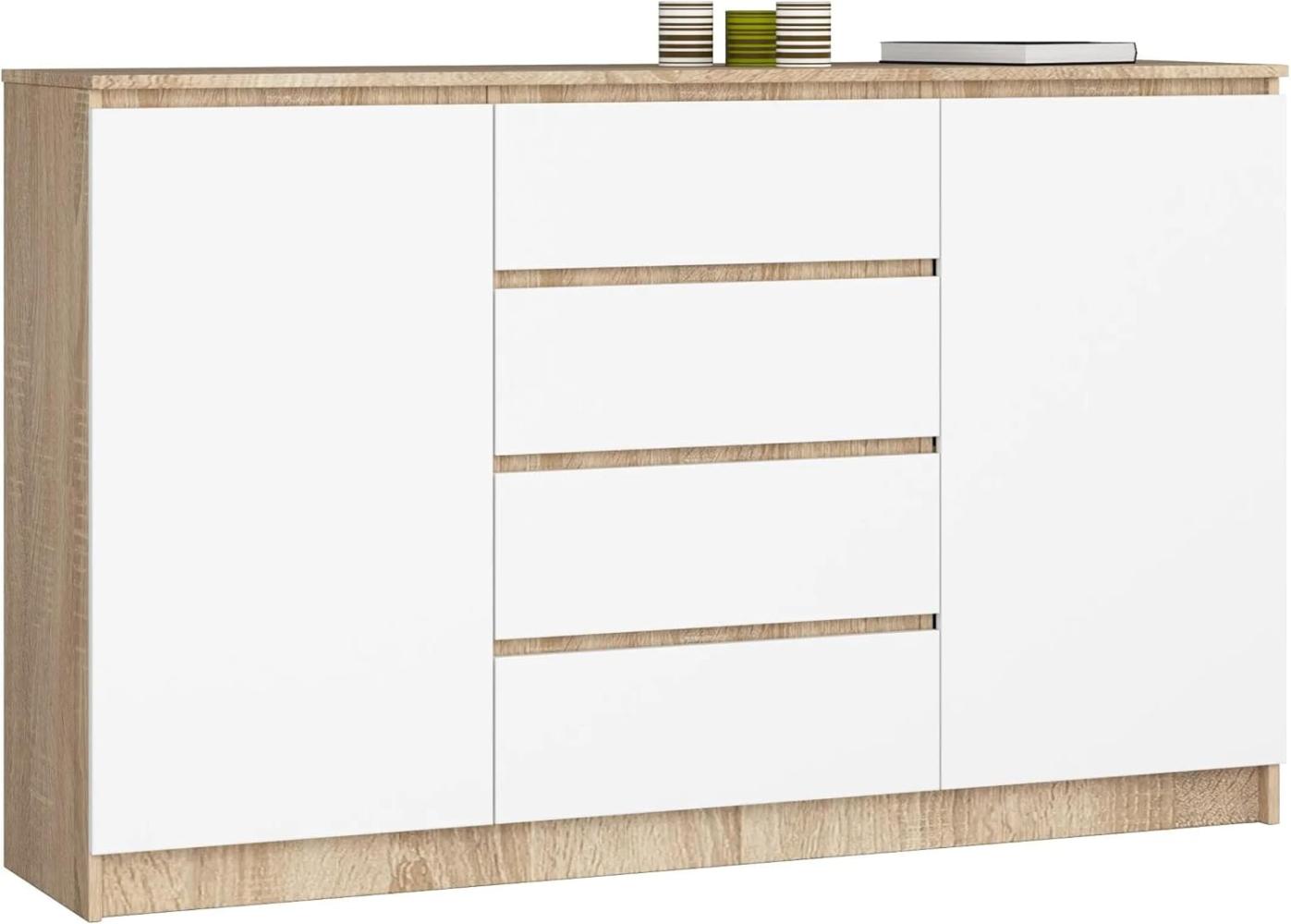 AKORD Kommode K 160 cm | 4 Schubladen und 2 Türen |für Wohnzimmer Schlafzimmer Schrank Wohnzimmer | Modernes Funktionelles Design | Schichtstoffplatte 16 mm | Farbe Sonoma/Weiß Bild 1