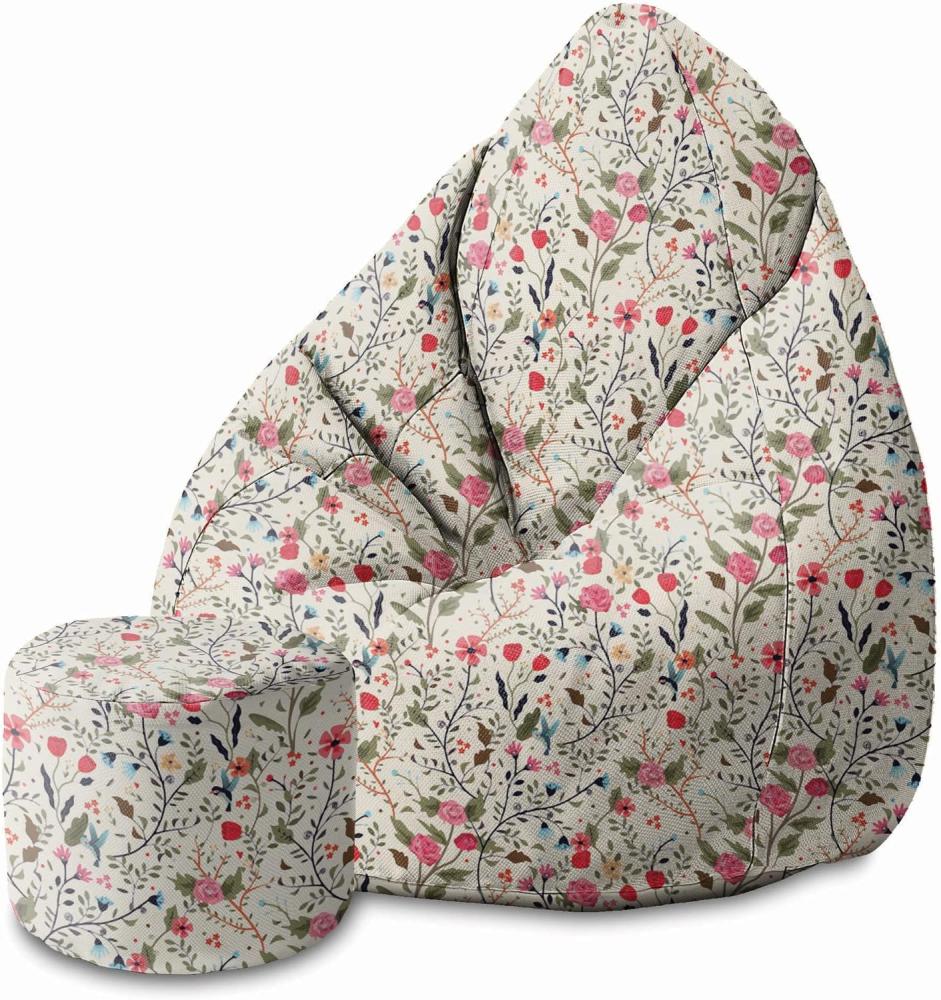 DreamRoots Bean Bag 80 x 80 x 120 cm - Sitzsack mit Lehne und Hocker und Bezug - mit Füllung, Summer Meadow Bild 1