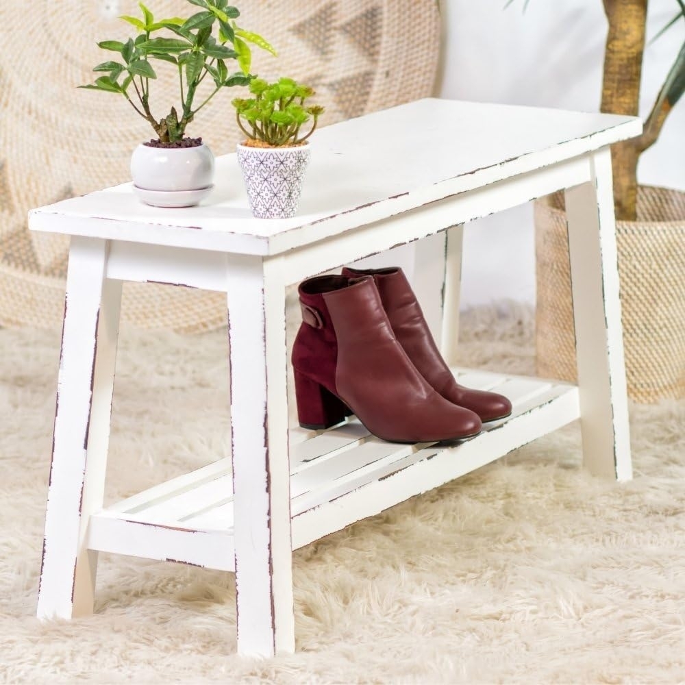 Bank mit Ablage GENIUS Antik-Weiß Mahagoni Holzbank Schuhbank Schuhregal Bild 1