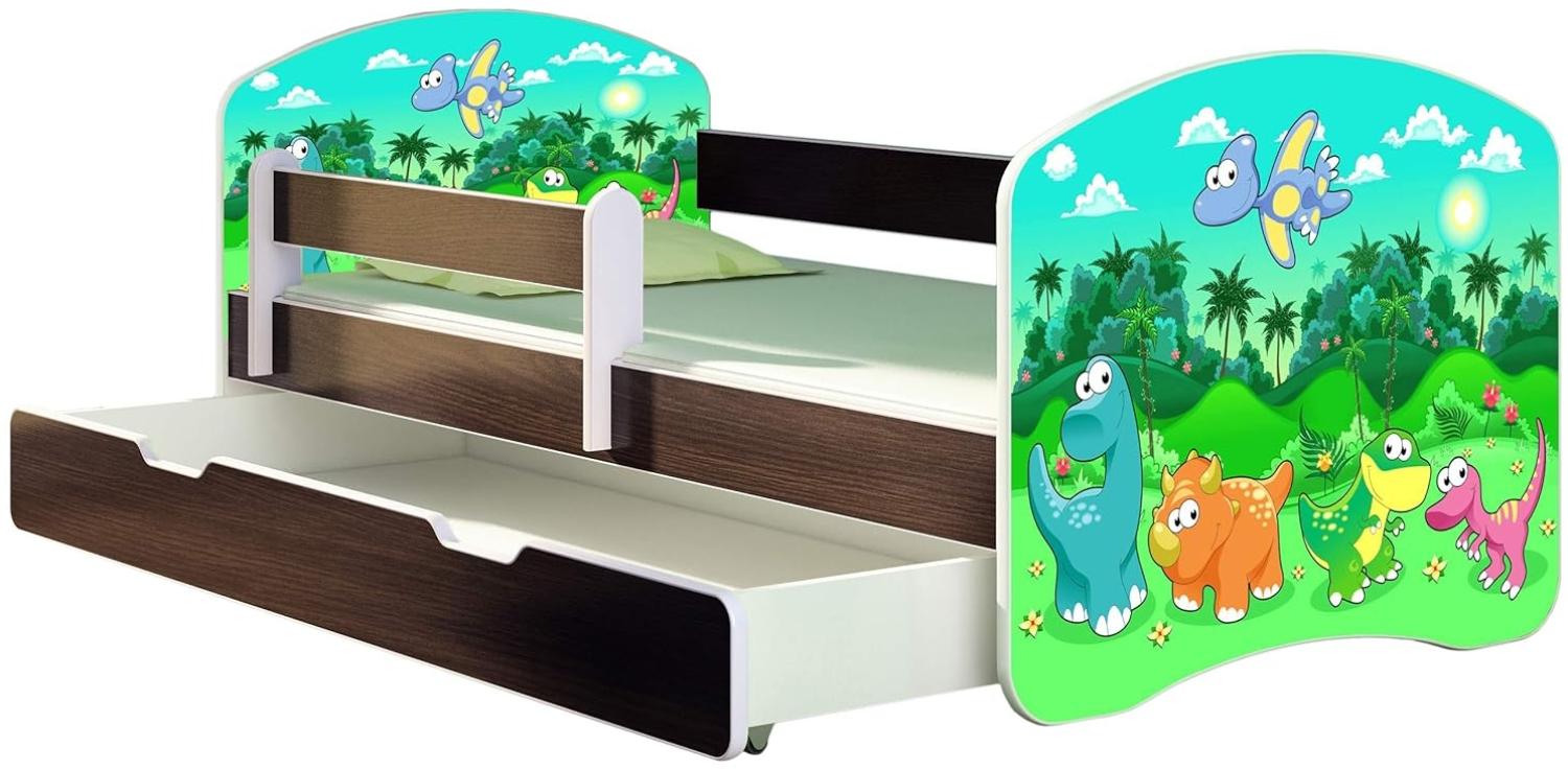 ACMA Kinderbett Jugendbett mit Einer Schublade und Matratze Wenge mit Rausfallschutz Lattenrost II 140x70 160x80 180x80 (30 Dino, 140x70 + Bettkasten) Bild 1