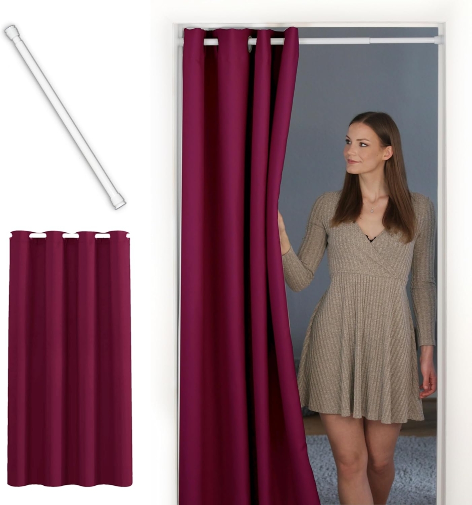 tinycurtains Türvorhang mit Stange weiß 70-120 cm Thermo Vorhang ohne Bohren, blickdicht, Ösen, verdunkelnd, Polyester, bordeaux rot Berry, Türgardine mit Klemmstange Raumtrenner Vorhang Tür Bild 1