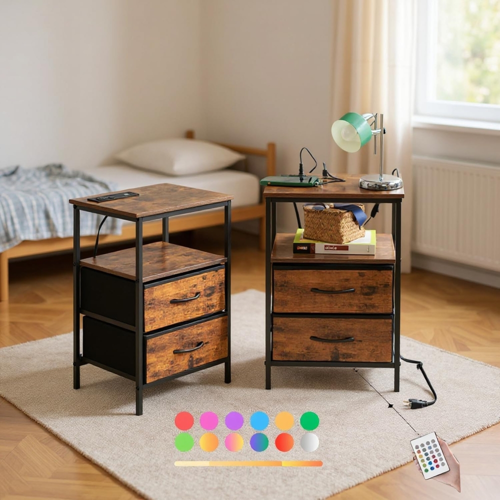 FurnitureR 2 x Nachttische für Jugendliche, Beistelltisch mit Mehreren Farben, 2 AC Sockets, 2 USB-Anschlüsse für Drawers, 2 Schubladen aus Stoff, industrieller Retro-Stil, Braun, 40 x 30 x 60 cm Bild 1