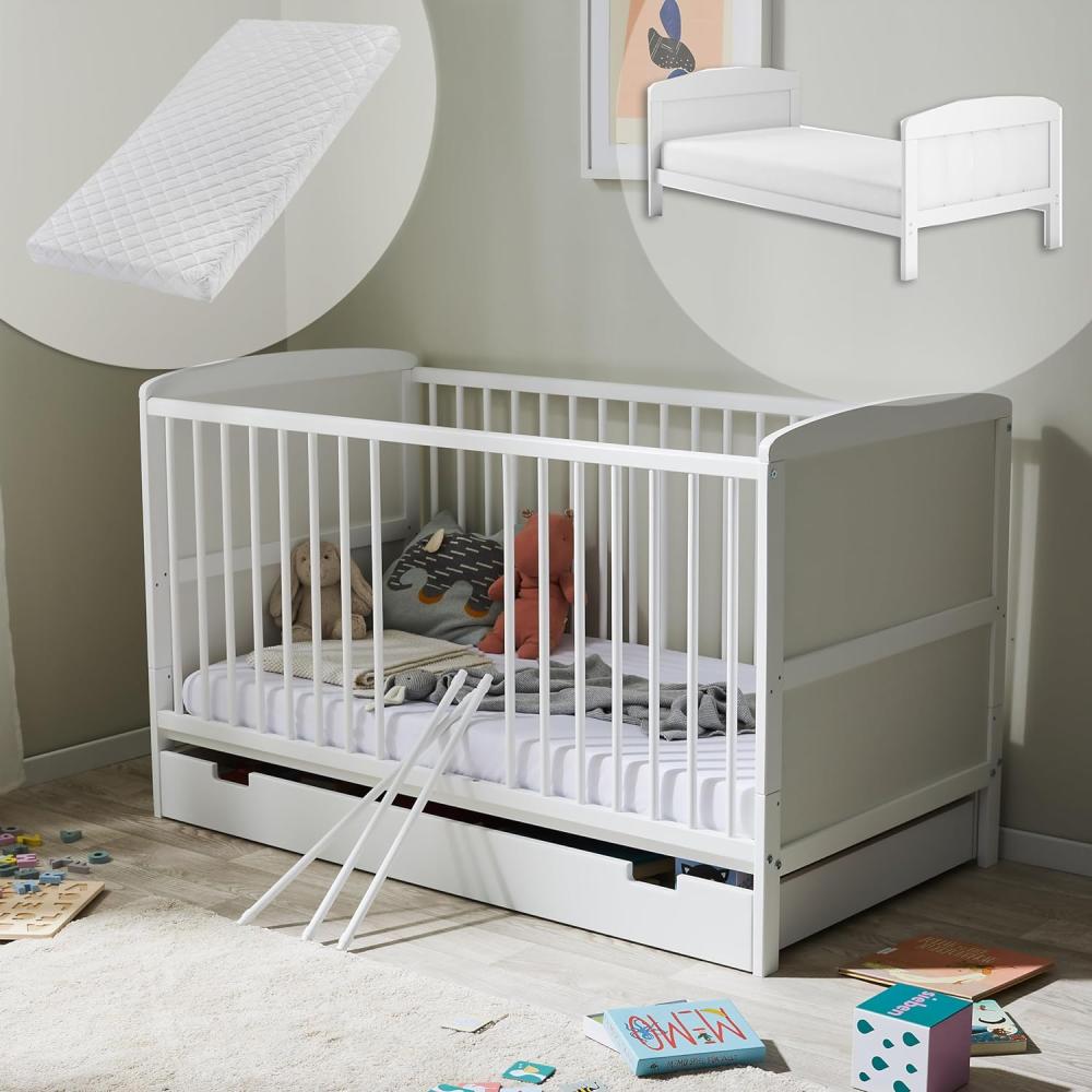 Babybett Kinderbett 70x140 mit Schublade und Matratze Umbaubares Gitterbett höhenverstellbar & herausnehmbare Sprossen | Weiss Vollholz Kiefer Made in Europe Bild 1