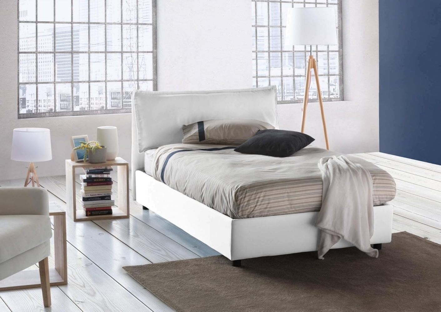 Talamo Italia Bett Veronica eineinhalb mit Container, Made in Italy, Kopfteil und Polsterung aus Stoff, Frontöffnung, geeignet für Matratze 120x190 cm, Weiß Bild 1