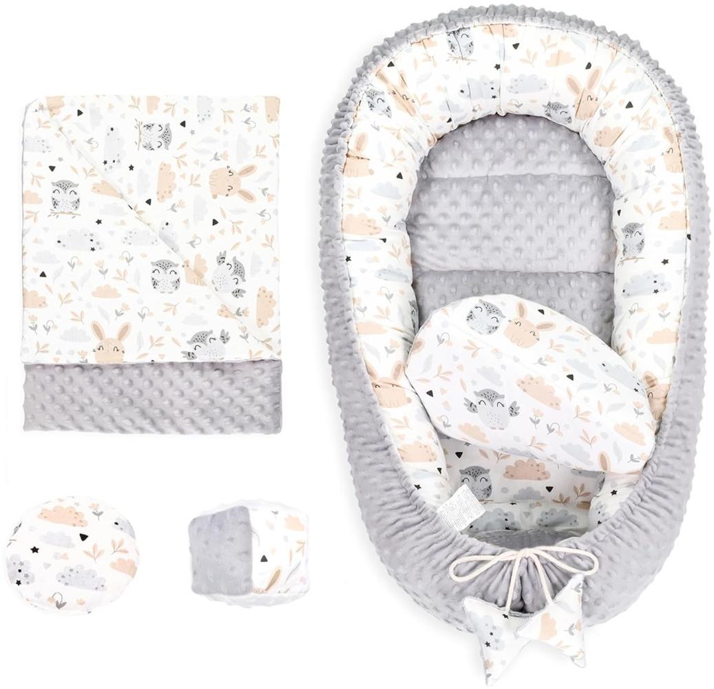 Babynestchen Set Neugeborene 90x50 cm Minky - Kuschelnest Baby Nestchen 5-teilig Kokon Eule Hellgrau Bild 1