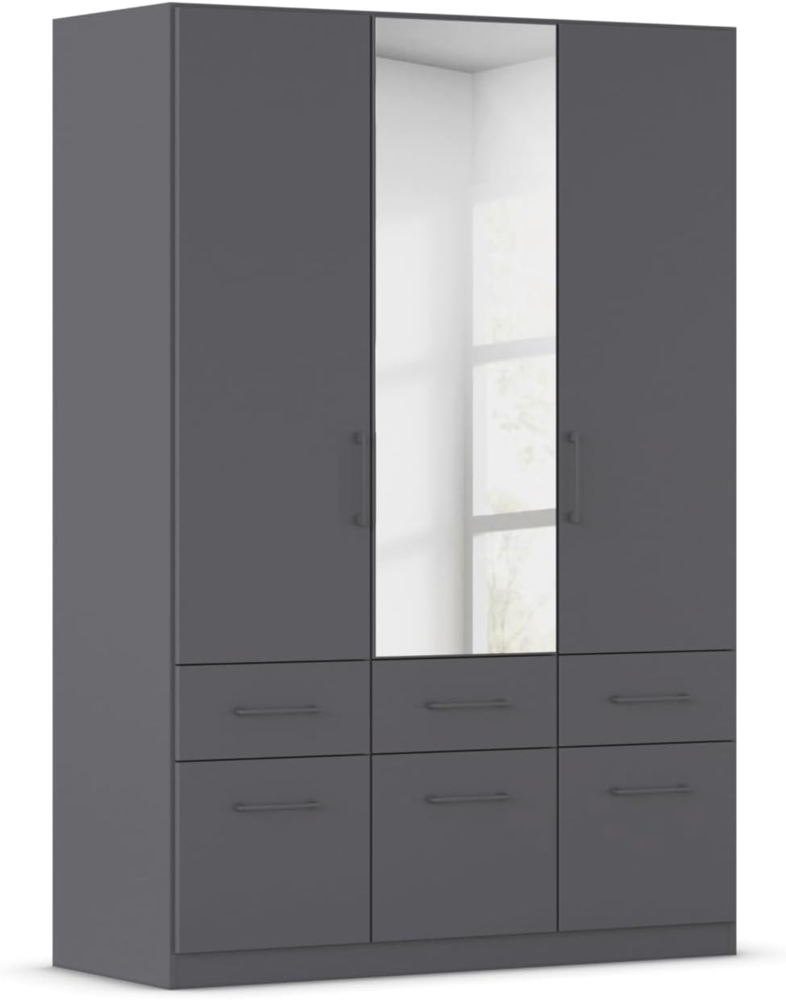 Rauch Möbel Dundee, Kleiderschrank, Schrank, Garderobe, Organizer, 3-türig, mit Spiegel, 6 Schubladen für mehr Stauraum, Farbe Grau metallic, Schwarz, Stangengriff Grau metallic, 136 x 197 x 54 cm Bild 1