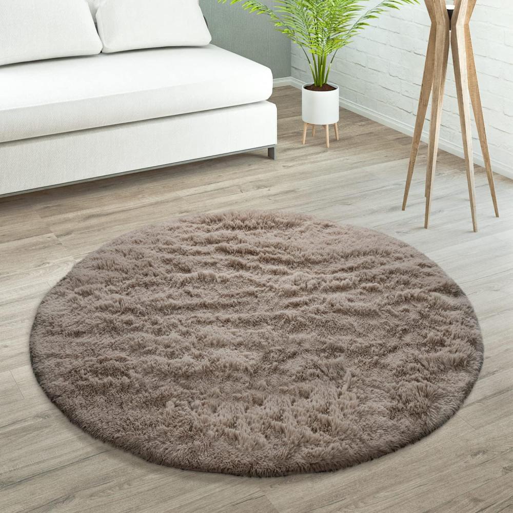 Paco Home Hochflor Teppich Wohnzimmer rutschfest Fellteppich Shaggy Flauschig Weich Modern Kunstfell Fell Imitat Einfarbig, Grösse:200 cm Rund, Farbe:Taupe Bild 1