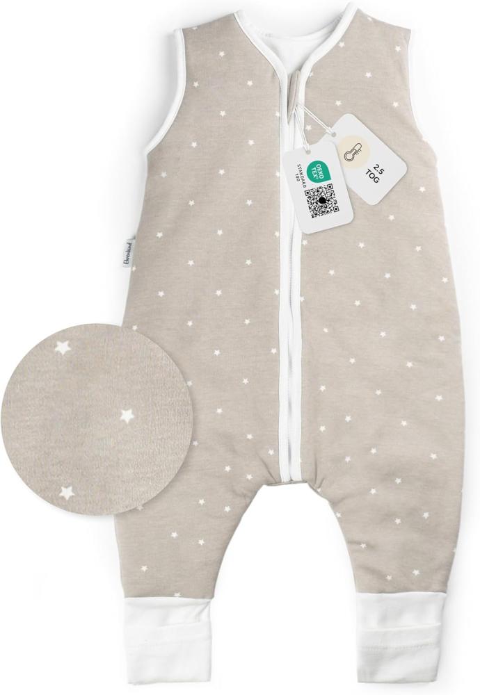 Ehrenkind® Babyschlafsack mit Beinen | Bio-Baumwolle | Ganzjahres Schlafsack Baby Gr. 90 Farbe Taupe mit weißen Sternen Bild 1