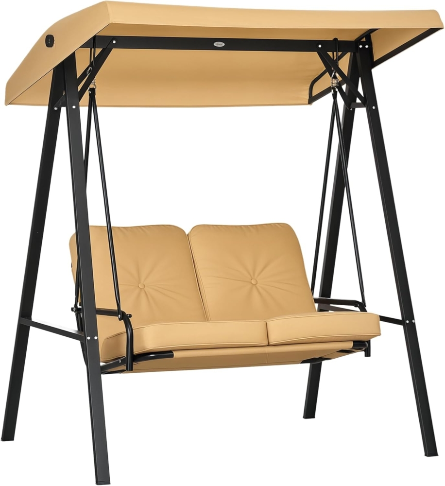 Outsunny Hollywoodschaukel mit verstellbarem Sonnendach, belast bis 220kg, 3-Sitzer, Bettfunktion, 3-Sitzer Gartenschaukel, 1 tlg, Schaukelbank, für Garten, Terrasse, 138 x 106 x 174 cm, Beige Bild 1