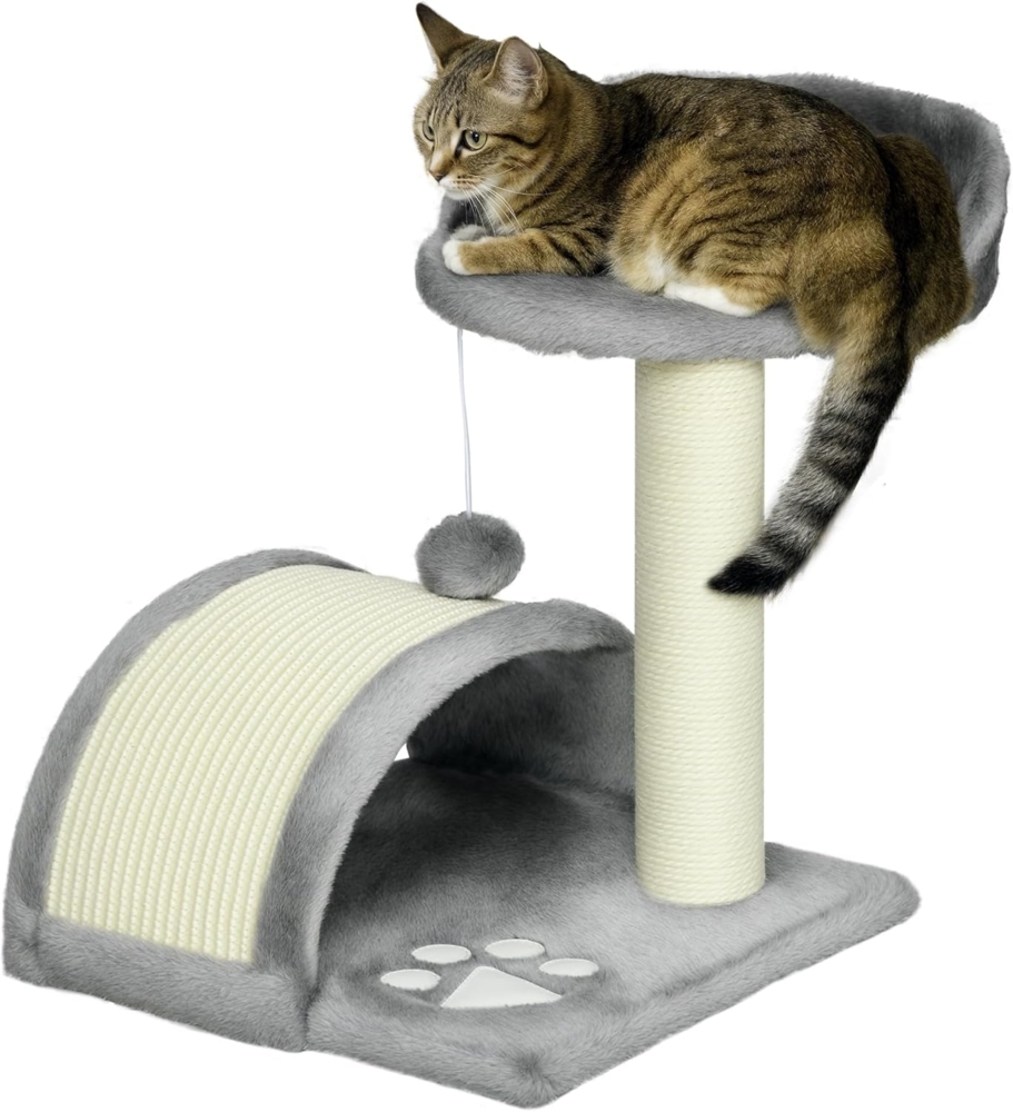 PawHut Kratzbaum Katzenbaum mit erhöhter Plattform, Höhle, mit Spielbällen, Sisal-Seil, Plüsch, für Katzen, Grau Bild 1