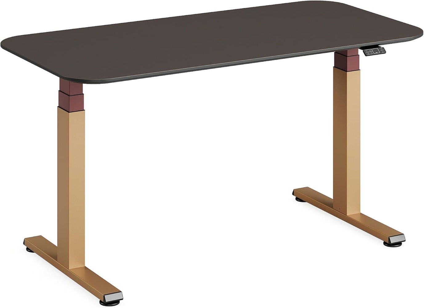 Steelcase Solo höhenverstellbarer Sitz-Steh-Schreibtisch mit Tischplatte aus Linoleum in Mauve und Gestell in Messing Matt mit der Akzentfarbe Merlot (140x70 cm) Bild 1
