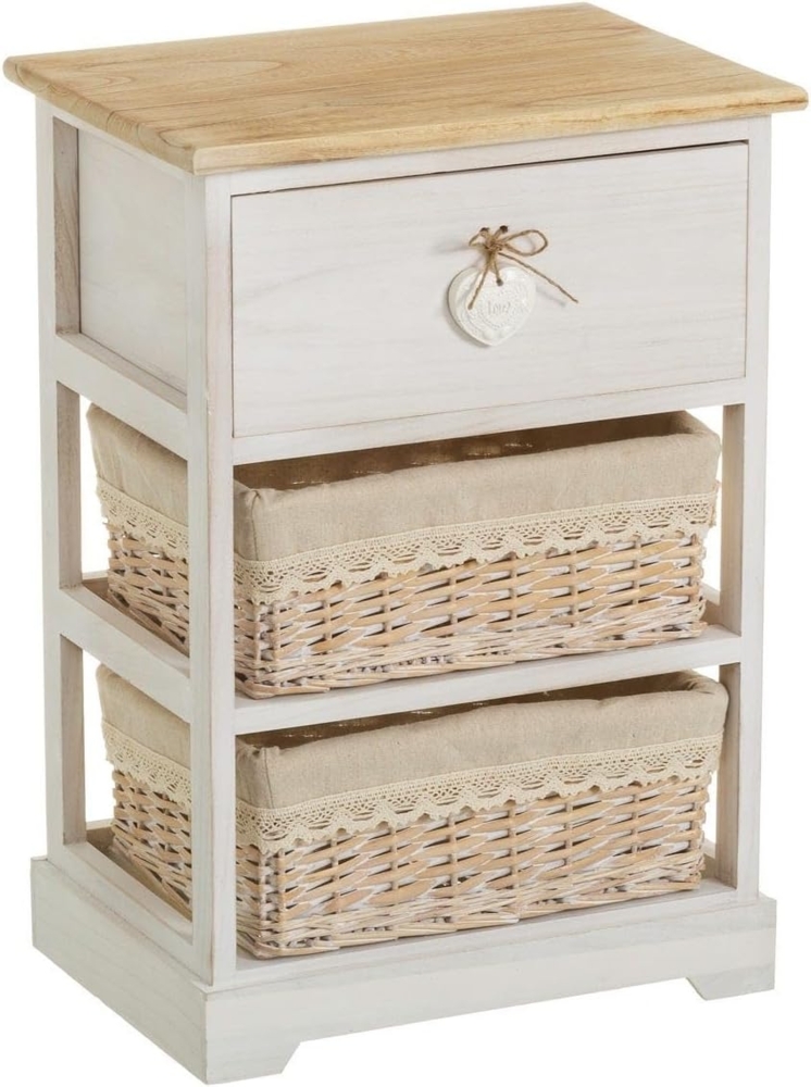 DRW Beistelltisch mit 1 Schublade und 2 Korb aus Holz und Weide in Natur und Weiß Bild 1