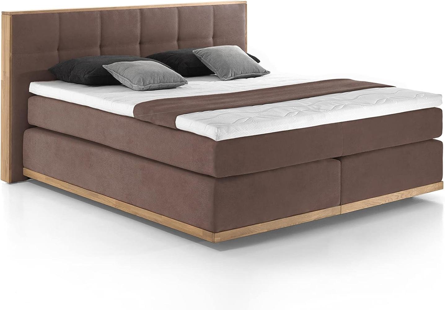 Mivano Levana Boxspringbett mit Sockel aus Eiche, 7-Zonen-Federkern, Matratzen H3/H4 + Topper Premium, Mikrofaser, Braun, Liegefläche 200 x 200 cm Bild 1