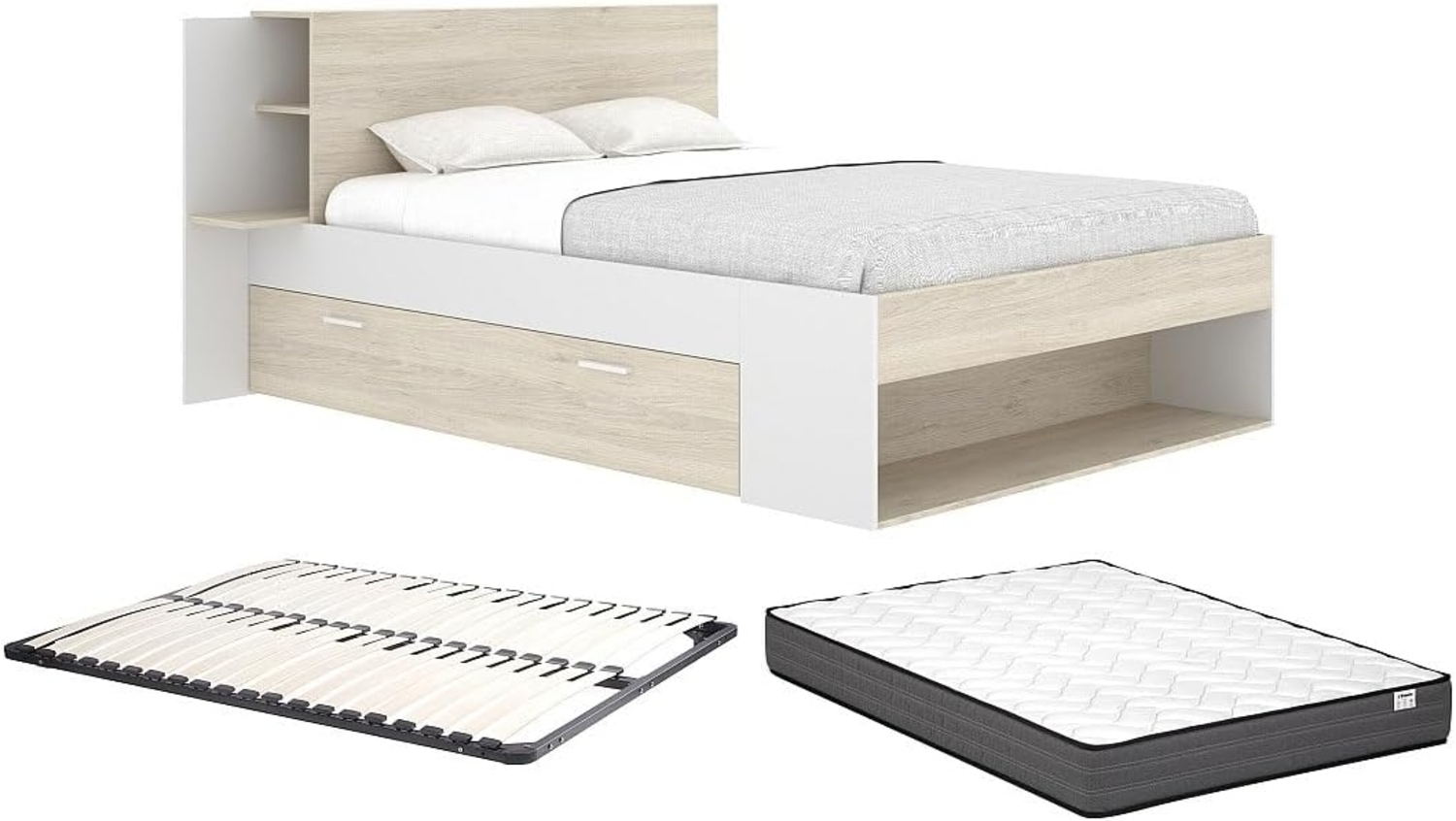 Vente-unique - Bett mit Stauraum + Lattenrost + Matratze - 140 x 190 cm - Holzfarben & Weiß - KEROSIA Bild 1