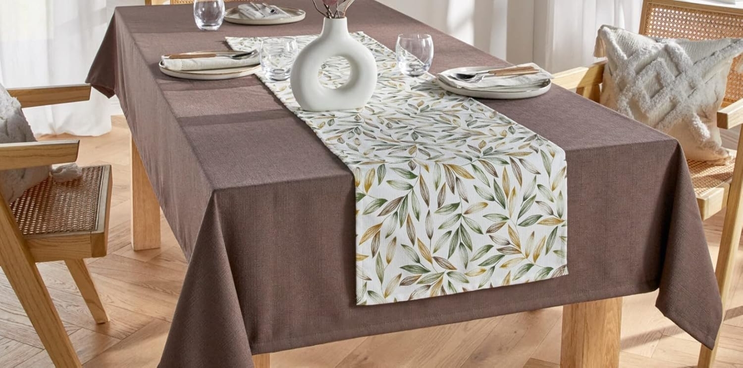 Tischläufer "Blätter" creme mit grünen & braunen Blättern, 40x140 cm, Mitteldecke Bild 1