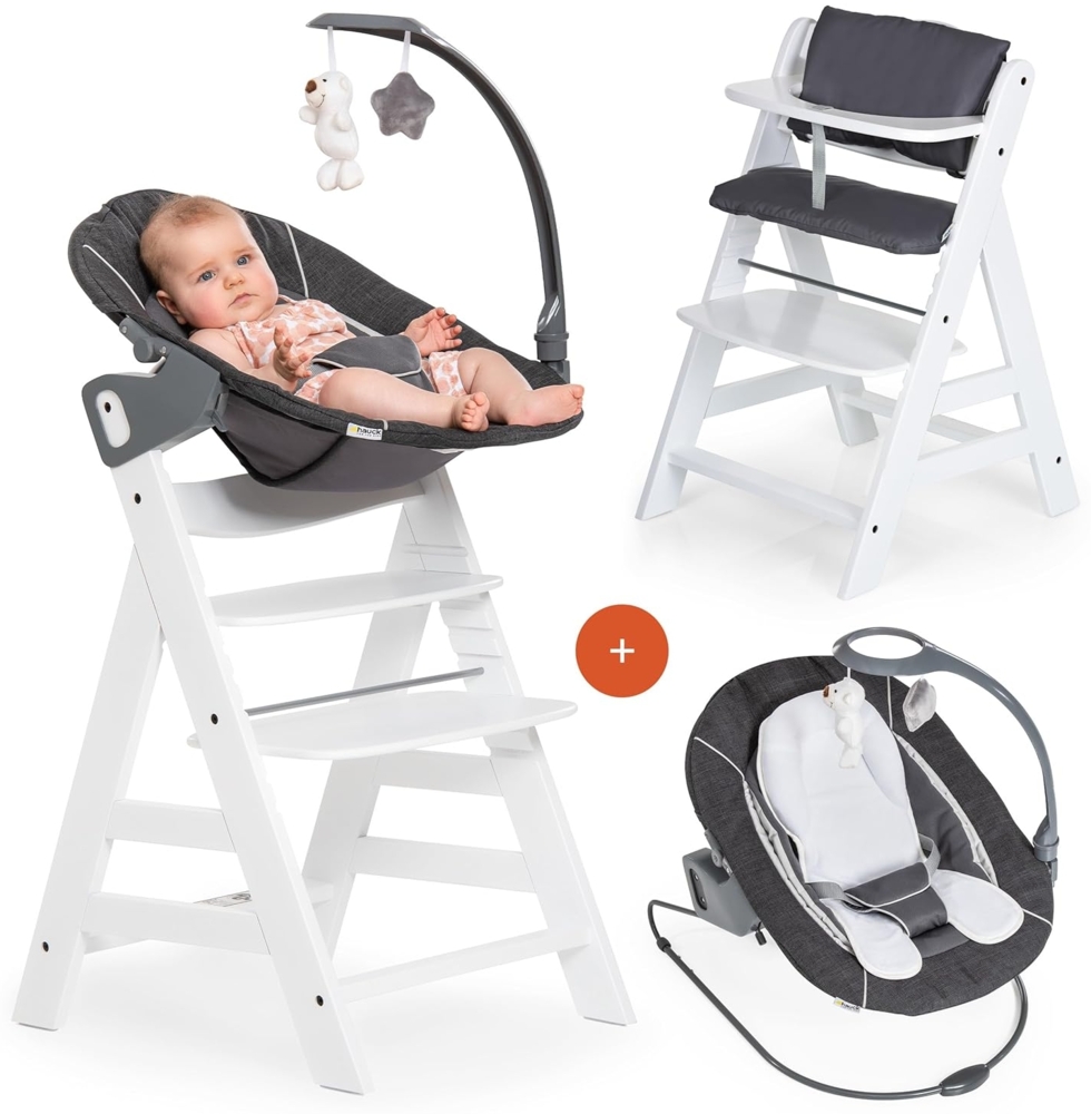 Hauck Alpha Plus Weiß Newborn Set Deluxe - Baby Holz Hochstuhl ab Geburt mit Liegefunktion - inkl. Aufsatz für Neugeborene & Sitzpolster - mitwachsend, verstellbar Bild 1