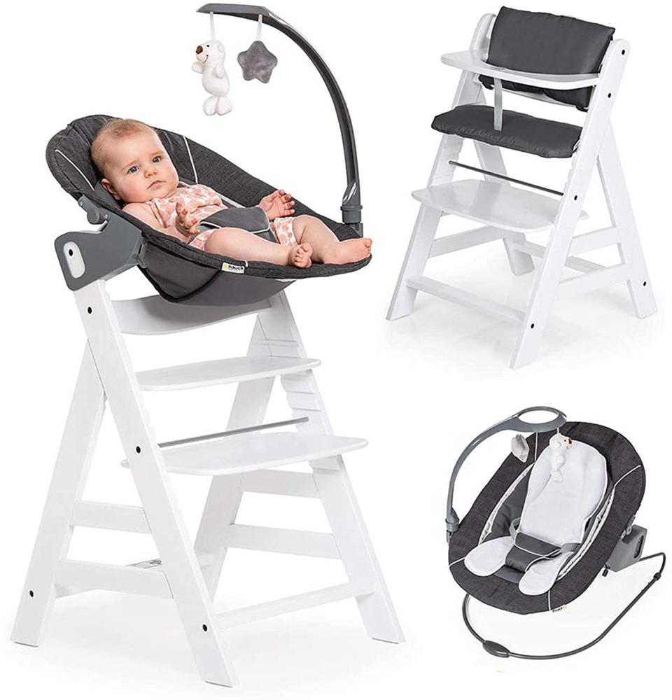 Hauck Alpha Plus Weiß Newborn Set Deluxe - Baby Holz Hochstuhl ab Geburt mit Liegefunktion - inkl. Aufsatz für Neugeborene & Sitzpolster - mitwachsend, verstellbar Bild 1