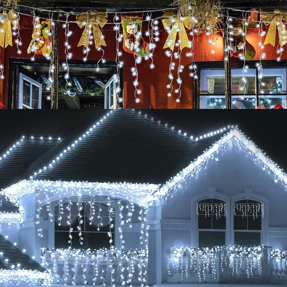 Cecaylie LED Eisregen außen 600LED 15m weihnachtsbeleuchtung außen mit 8 Beleuchtungsmodi IP44 Lichterkette Strombetrieben für Innenausstattung Außenbereich Schlafzimmer Weihnachten Party(Kaltesweiß) Bild 1