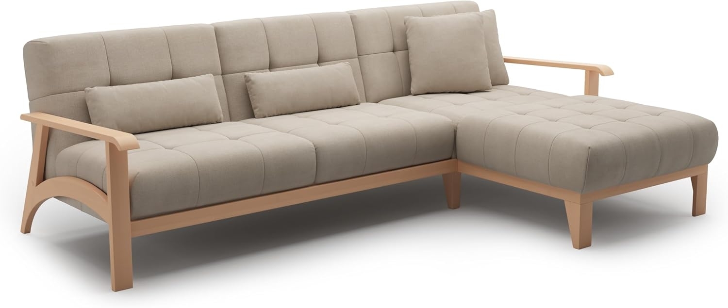 Cavadore Ecksofa Billan / Schlafsofa im skandinavischen Design mit Longchair, Bett und massivem Holzgestell in Buche / 264 x 88 x 183 / Flachgewebe, Beige Bild 1