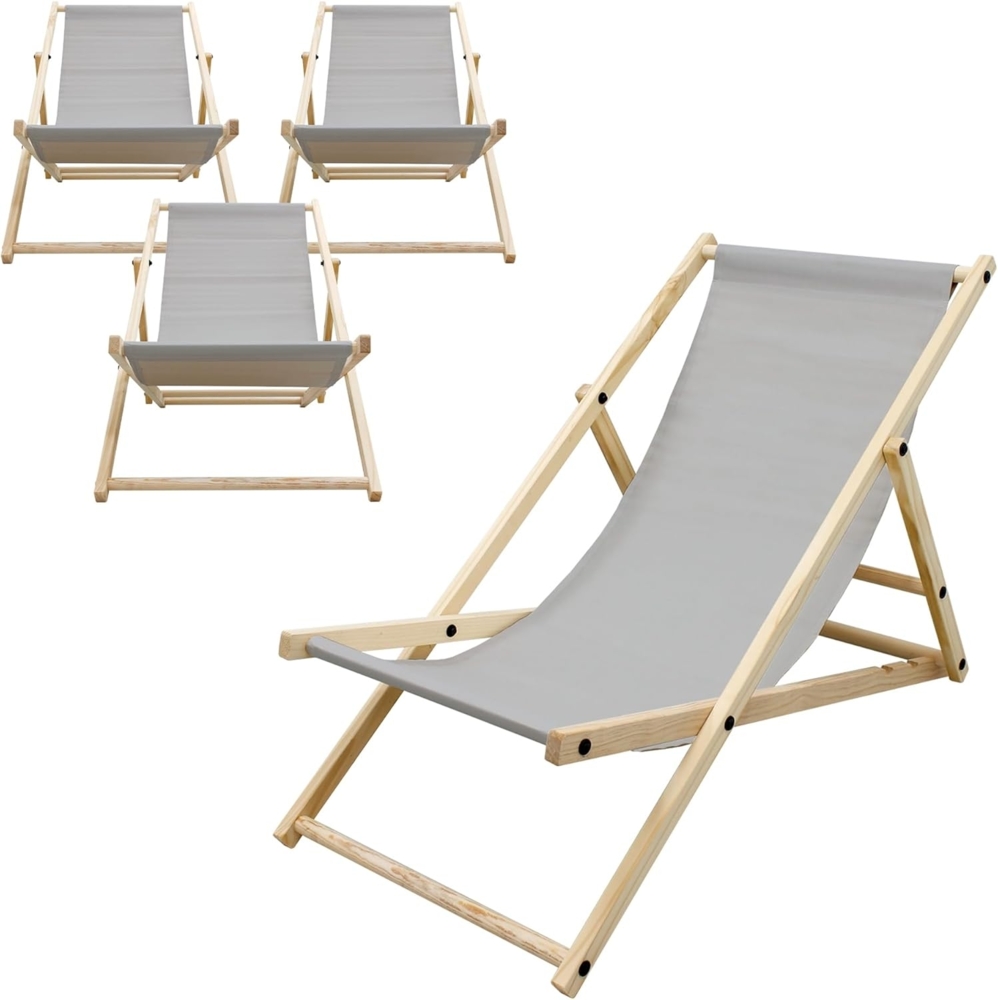 ECD Germany 4er Set Liegestuhl klappbar, Hellgrau, Holz, verstellbare Rückenlehne, 3 Positionen, bis 120kg, Sonnenliege Gartenliege Strandliege Strandstuhl Holzklappstuhl, für Garten, Balkon & Strand Bild 1