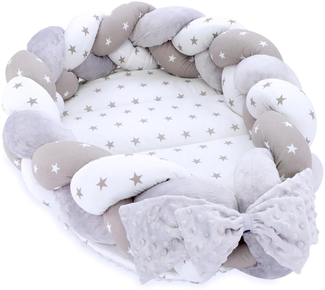 Babynest Neugeborene Nestchen Baby – Velvet Kuschelnest mit Zopf Kissen zerlegbares Set zweiseitig Babynestchen Babybett 75X45, Sterne Bild 1