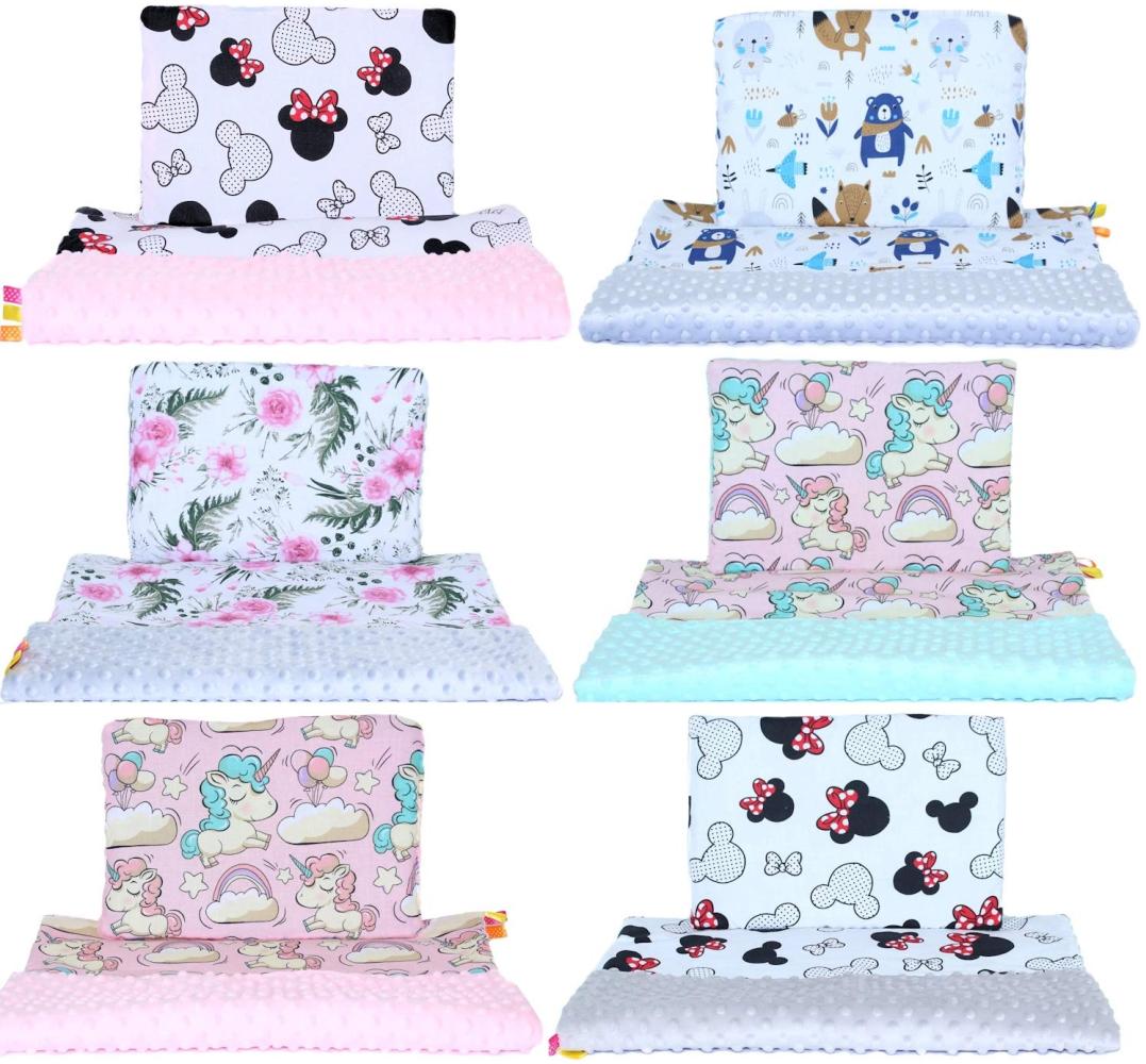 Minky Kinderwagenset -Maus Flowers Wald Einhorn - Baby Kuscheldecke Kinder Decke Kissen (Einhorn + GRAU, 50x70/25x35 cm) Bild 1