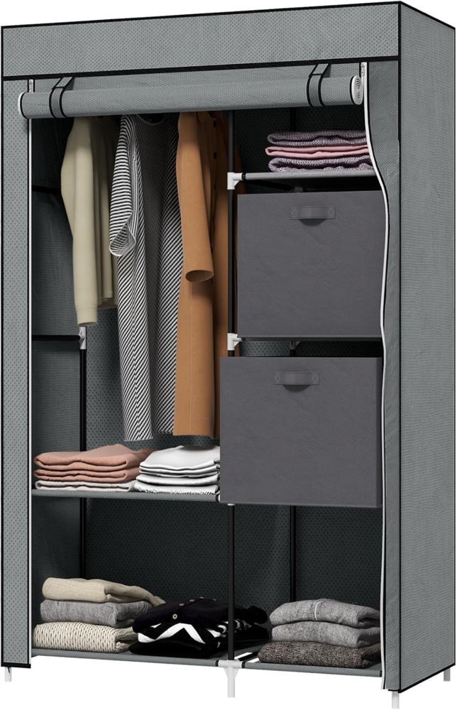 HOMCOM Stoffschrank, Faltschrank mit Schubladen, Kleiderschrank mit Kleiderstange, Reißverschluss, Garderobe für Schlafzimmer, Vliesstoff, Dunkelgrau, 102 x 42,5 x 162,5 cm Bild 1