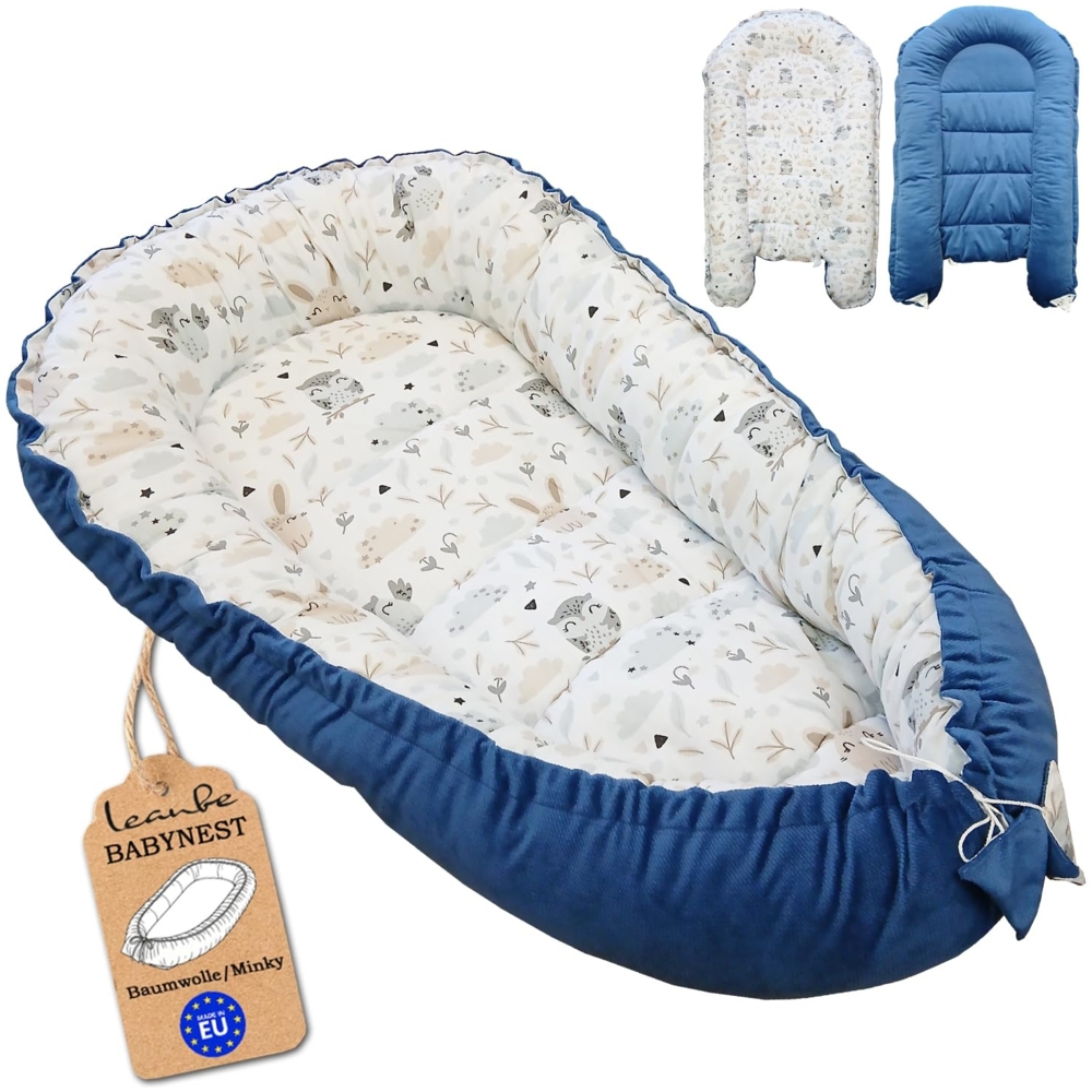 Leanbe Babynest 90x50 cm – Nestchen für Neugeborene aus Baumwolle & Polyester – Kuschelnest fürs Baby, ideal für Herbst & Winter – Babybett für Indoor & Outdoor (BLAU) Bild 1