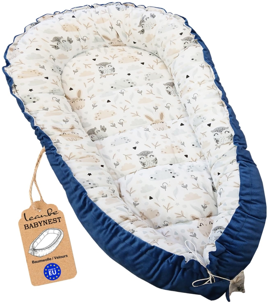 Leanbe Babynest 90x50 cm – Nestchen für Neugeborene aus Baumwolle & Polyester – Kuschelnest fürs Baby, ideal für Herbst & Winter – Babybett für Indoor & Outdoor (BLAU) Bild 1