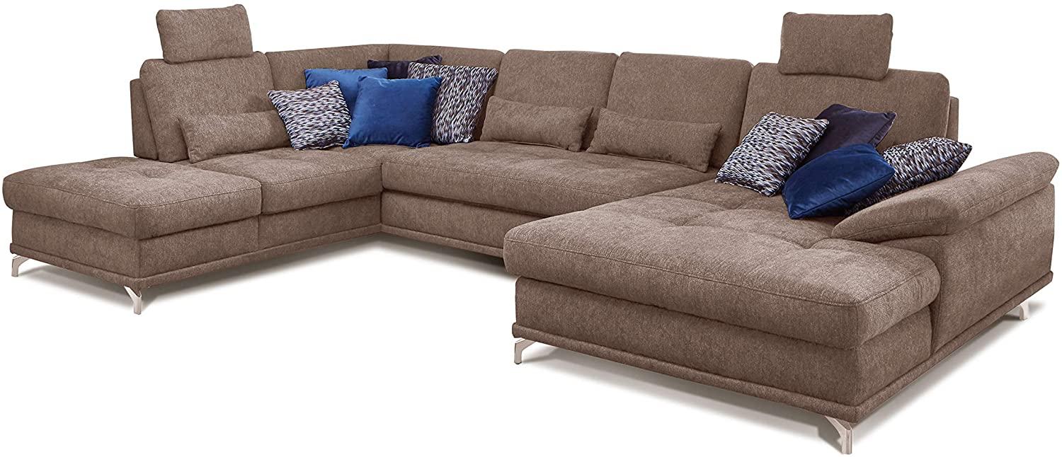 Cavadore Wohnlandschaft Castiel mit Federkern / Großes U-Form-Sofa mit Schlaffunktion, Bettkasten, Sitztiefenverstellung und Kopfstützen / 368 x 114 x 232 / Webstoff, Hellbraun Bild 1