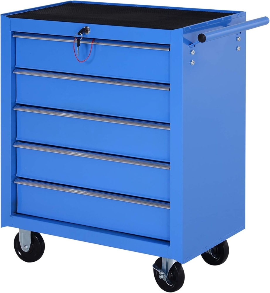 HOMCOM Werkstattwagen Rollwagen Werkzeugkasten mit 5 Schubladen, max. Traglast:100 kg, (Set, 1-tlg, Fahrbarer Werkzeugwagen), Blau 67,5 x 33 x 77 cm Bild 1